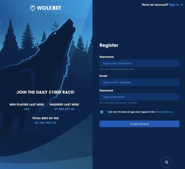 Wolf.bet Casino registration