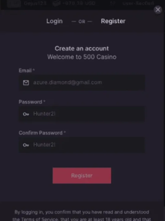 500 Casino screenshot of the registration on mobile