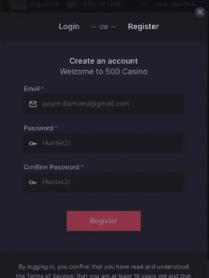 500 Casino screenshot of the registration on mobile
