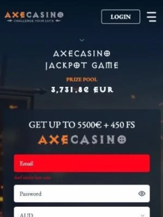 Screenshot of Axe Casino homepage on mobile