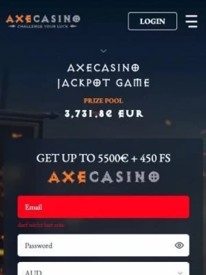 Screenshot of Axe Casino homepage on mobile