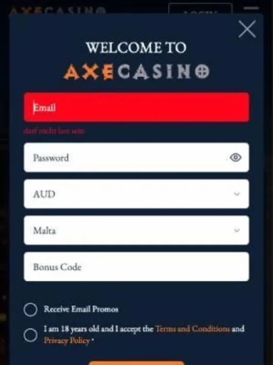 Screenshot of Axe Casino registration on mobile