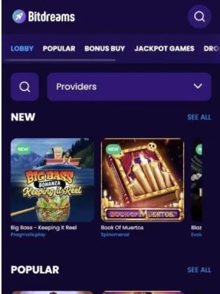 Screenshot of BitDreams Casino games on mobile