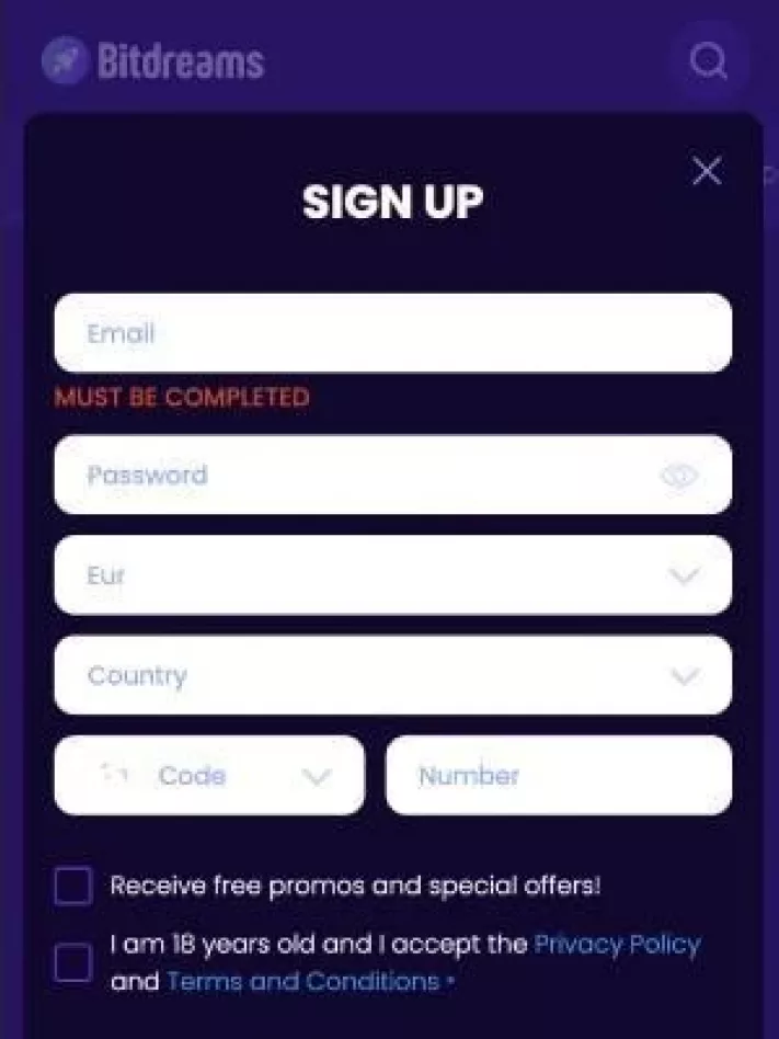 Screenshot of BitDreams Casino registration on mobile