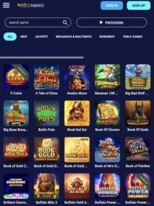 Screenshot of Art Casino games on mobile