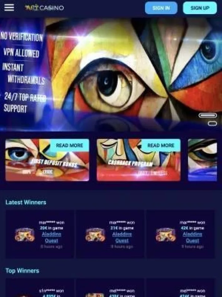 Screenshot of Art Casino homepage on mobile