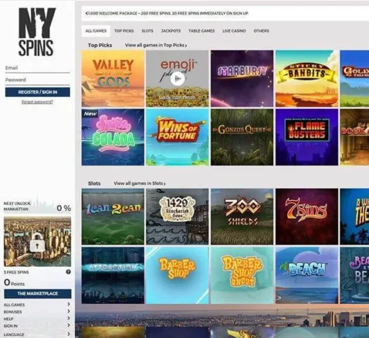 NY Spins Casino Homepage