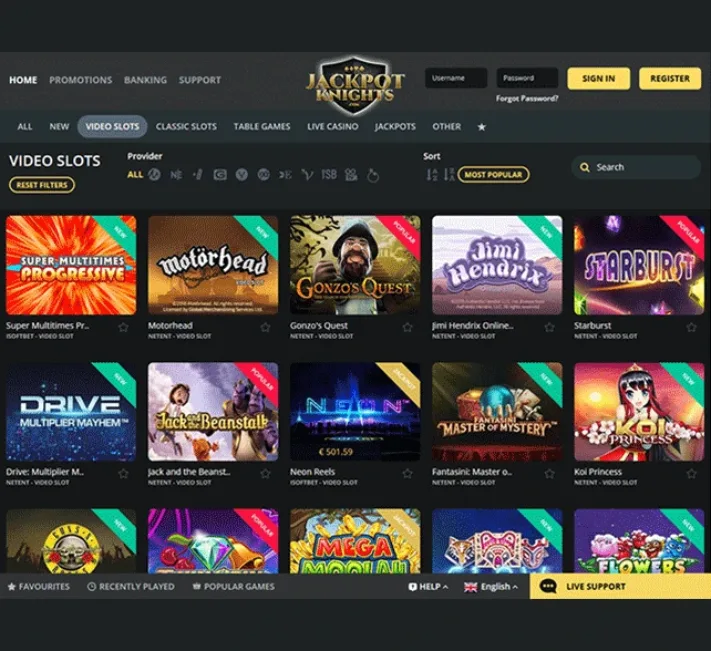 Jackpot Knights Casino Games Selection