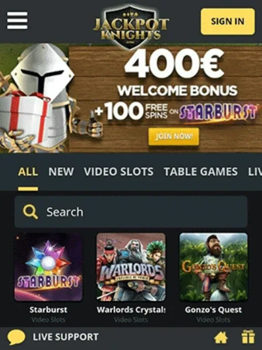 Jackpot Knights Casino Homepage on Mobile
