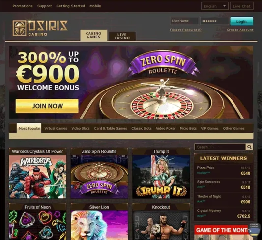Osiris Casino Frontpage