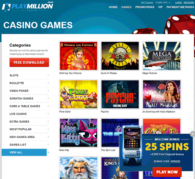 Play Million Casino Games Selection