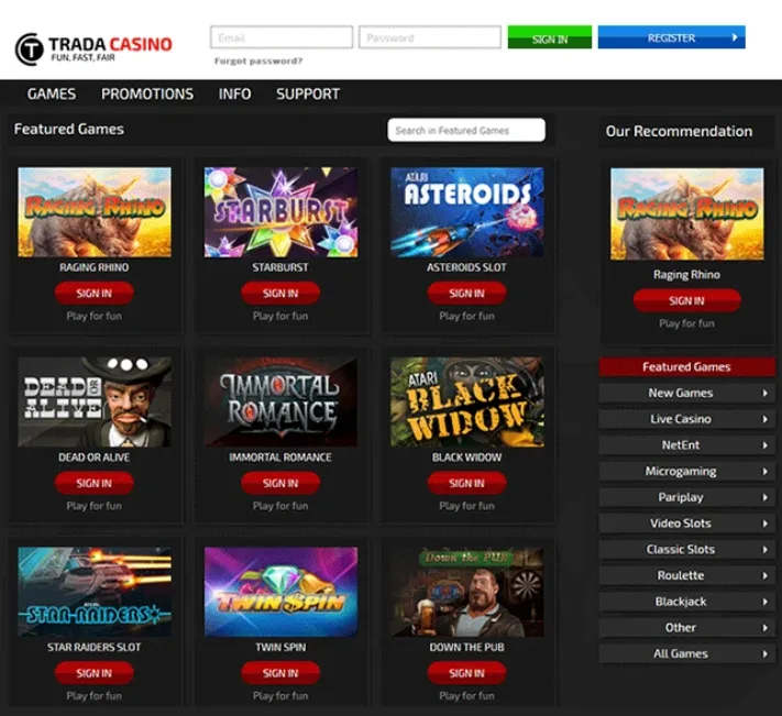 Trada Casino Games Selection