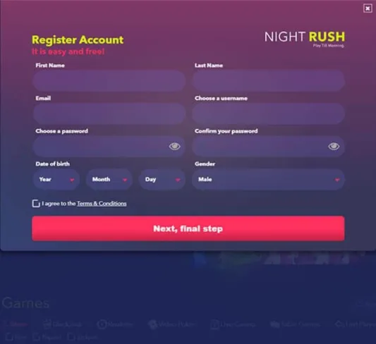 Night Rush Casino Registration Form