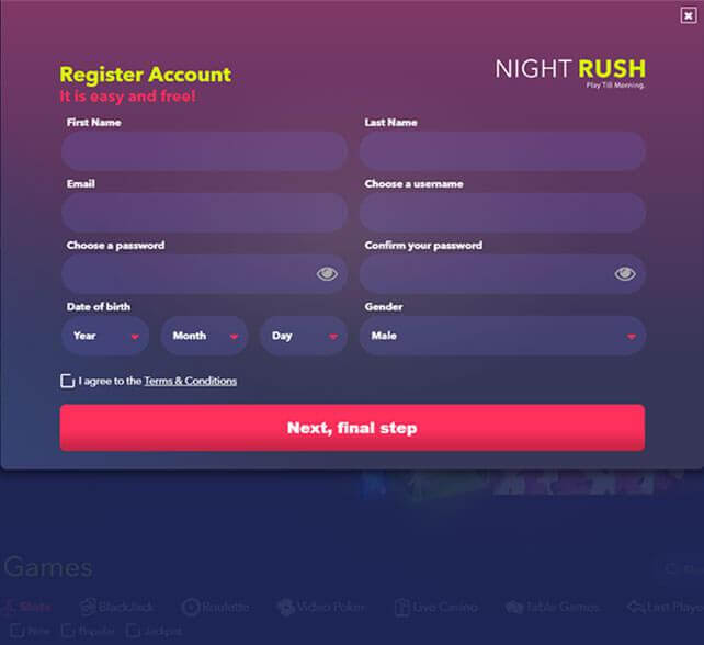 Night Rush Casino Registration Form