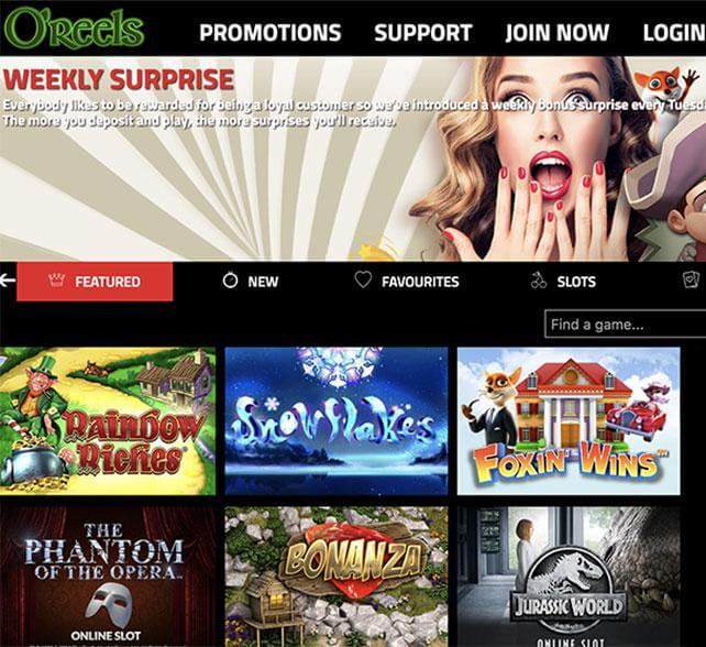 O'reels Casino Homepage