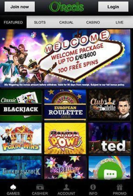 O'reels Casino Mobile Screen