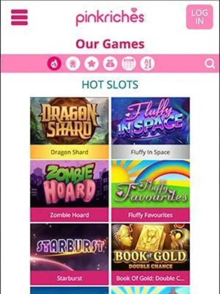 Pink Riches Casino Games Screen on Mobile