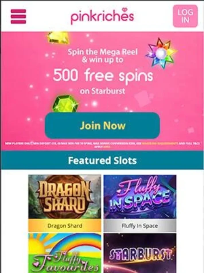 Pink Riches Casino Homepage on Mobile