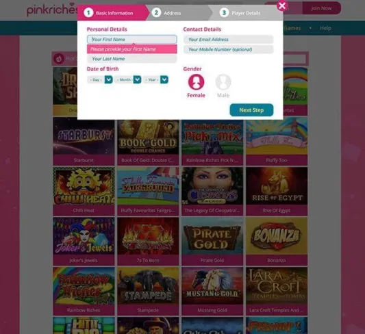 Pink Riches Registration Screen