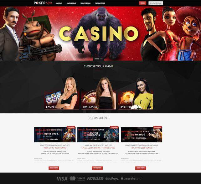Poker Nox homepage featuring cartoon imagery and promotion details.
