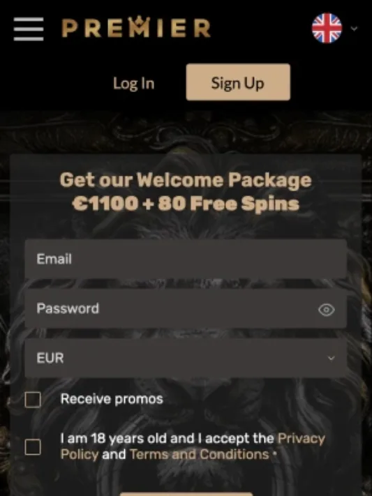 Premier Casino homepage on mobile
