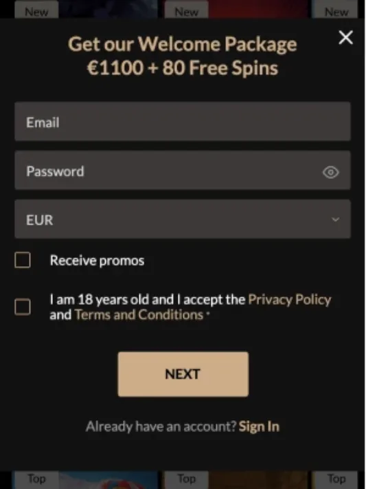 Premier Casino registration on mobile
