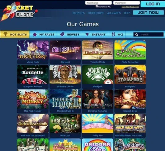 Rocket Slots Casino Games Selection