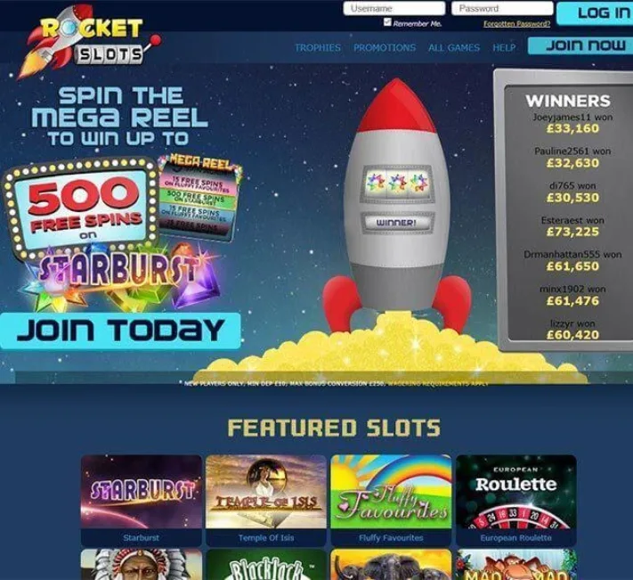 Rocket Slots Casino Homepage