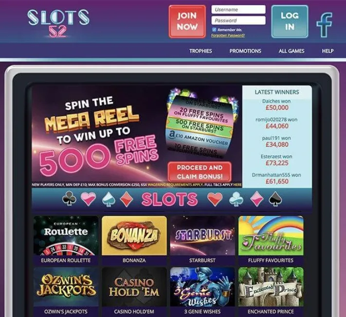 Slots52 Casino Homepage
