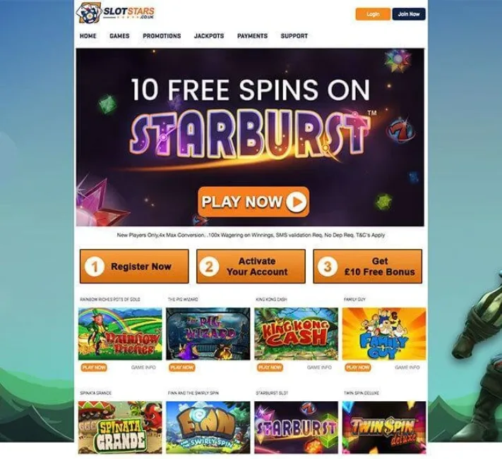 Slot Stars Casino GET Up to €/£100 + 10 Extra Spins