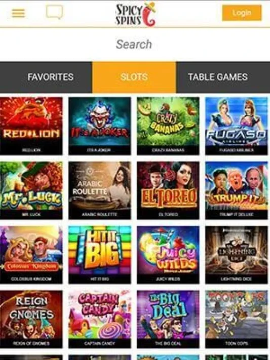 Spicy Spins Casino on Mobile Games Selection