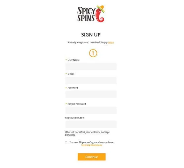 Spicy Spins Casino Registration Page