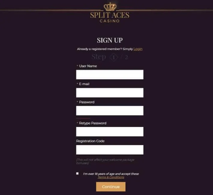 Split Aces Casino Sign Up Page