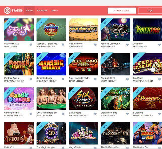 Stakes Casino Games Selection Page