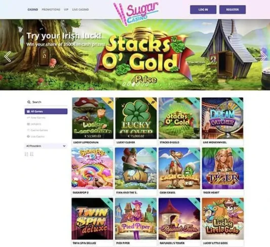 Sugar Casino Homepage and Games Selection