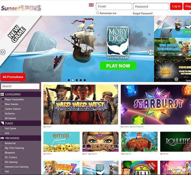 Sunset Spins Casino Homepage Front