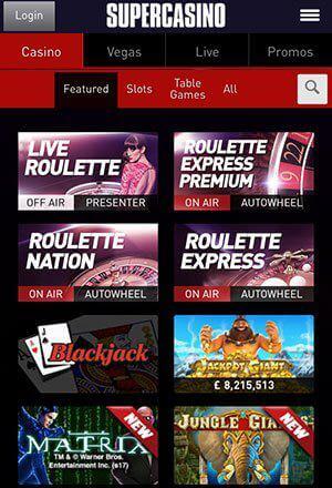 SuperCasino Mobile Screen