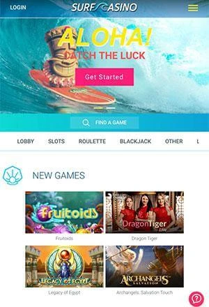 Surf Casino Mobile Screen