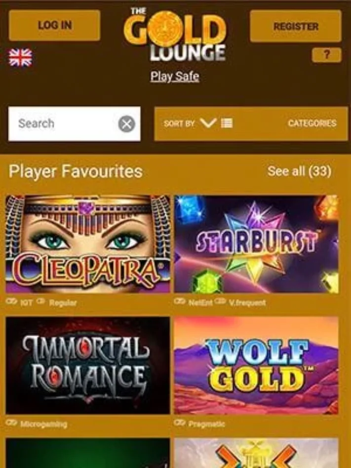 The Gold Lounge Games Selection Page