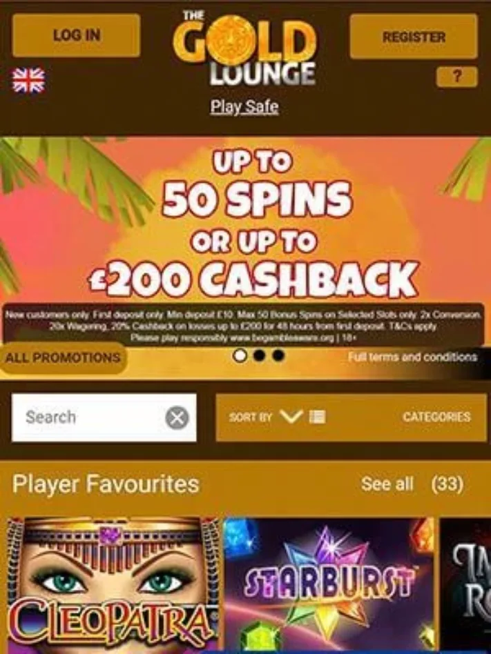 The Gold Lounge Casino Frontpage on Mobile App