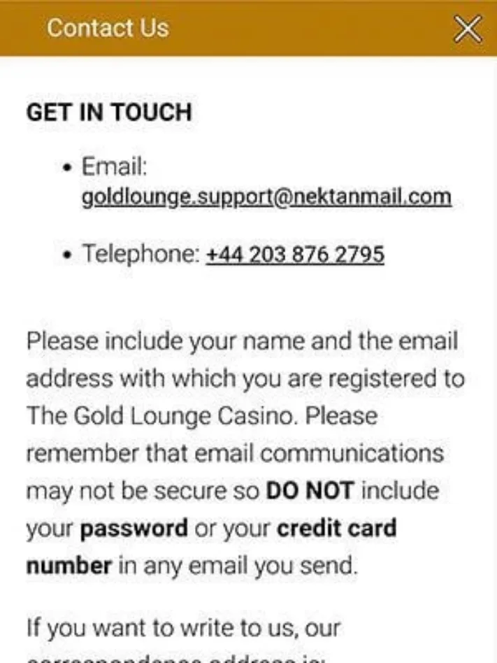 The Gold Lounge Casino Support Page on Mobile App
