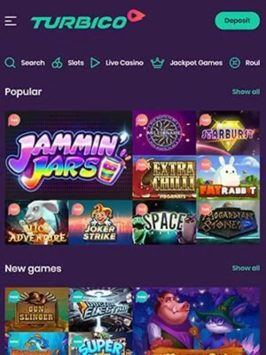 Turbico Games Selection in Mobile App