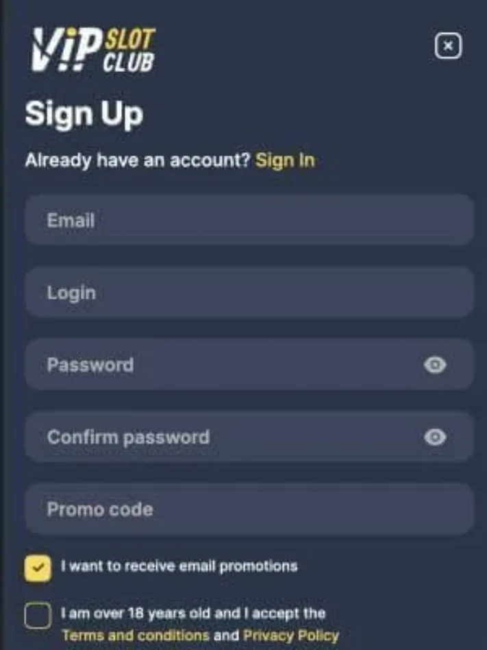 VIPSlotClub Casino registration on mobile