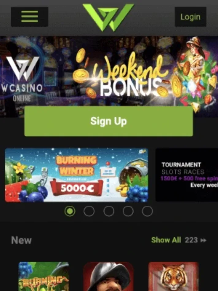 WCasino Online homepage on mobile