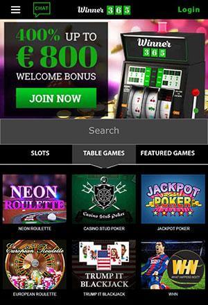 Winner365 Casino Homepage Screenshot