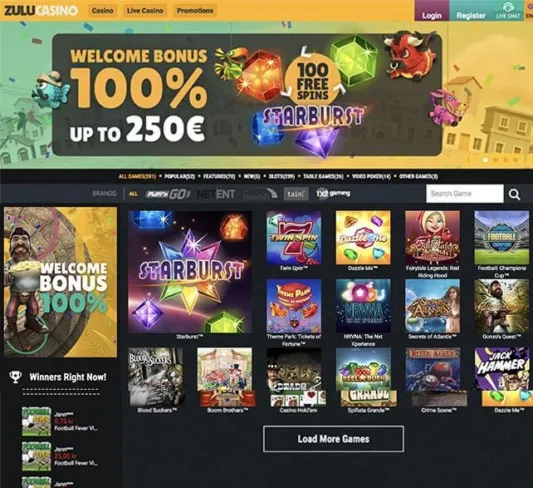 Zulu Casino Homepage