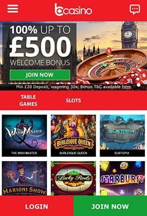 bCasino Mobile Screen