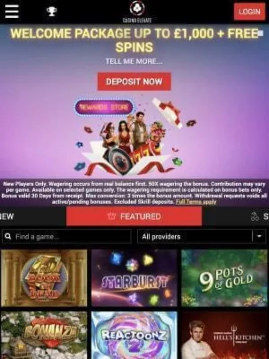 Casino Elevate homepage on mobile