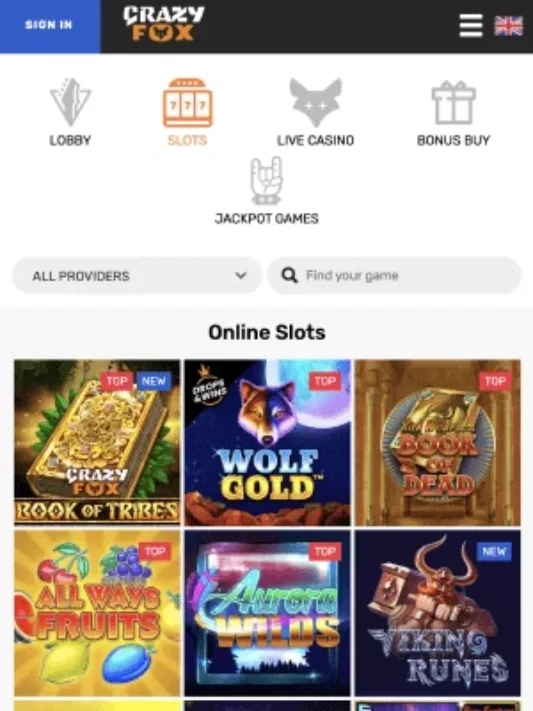 Crazy Fox Casino games on mobile