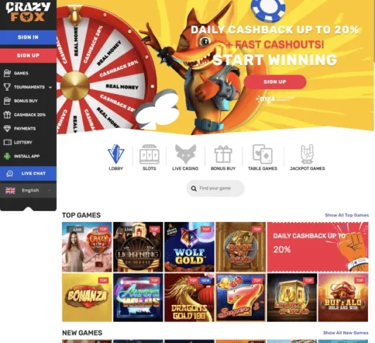 Crazy Fox Casino homepage